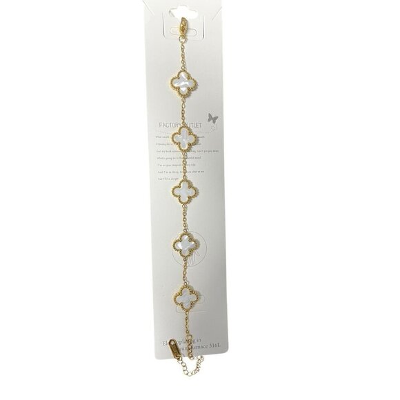 Gold Plated Bracelet With White Clover Charms & Adjustable Chain - Picture 1 of 1